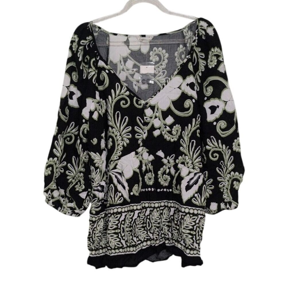Cato Floral Peasant Shirt Womens Size 14/16W Black Gypsy V Neck 3/4 Sleeves NEW